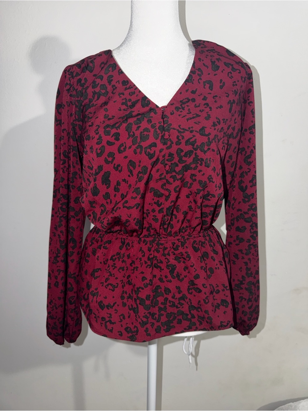Nine West Burgundy and Black Leopard Print V-Neck Blouse